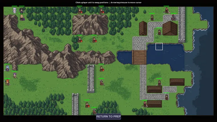 Tactical battle map with player units on the left and enemy units holding a walled village