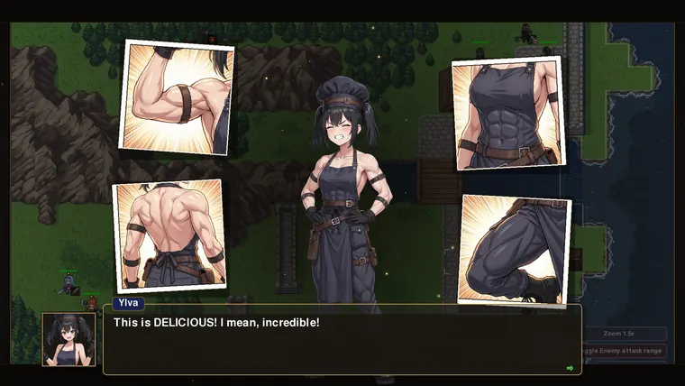 A unit's training results shown as stat gains alongside close-up panels of her build
