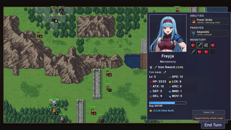 Unit detail panel showing abilities, passives, inventory and full stats for a mercenary