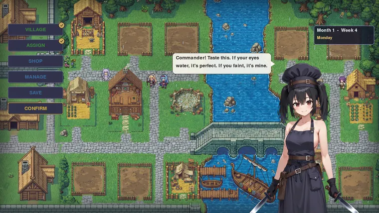 Village hub screen with build menu, calendar and a character speaking to the commander